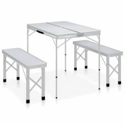 VidaXL Table de camping pliable avec 2 bancs Aluminium Blanc