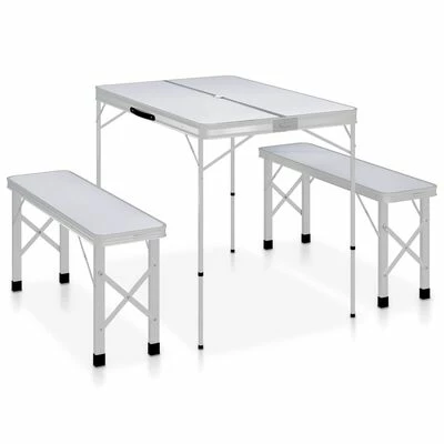 VidaXL Table de camping pliable avec 2 bancs Aluminium Blanc 1 VidaXL Table de camping pliable avec 2 bancs Aluminium Blanc