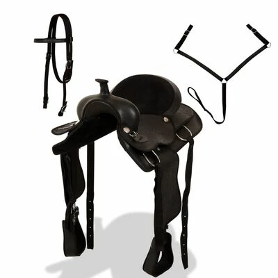 VidaXL Selle, bridon et col de poitrine Cuir véritable 17 po Noir 2 VidaXL Selle, bridon et col de poitrine Cuir véritable 17 po Noir – Image 2